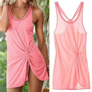 VICTORIA'S SECRET VS Knotted Tank Cover Up / Tunic Top Coral Pink Crochet Sheer